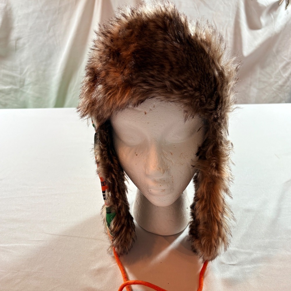Jagermeister Faux Fur Trapper Hat Green Orange Bottle Print Ushanka Winter Cap